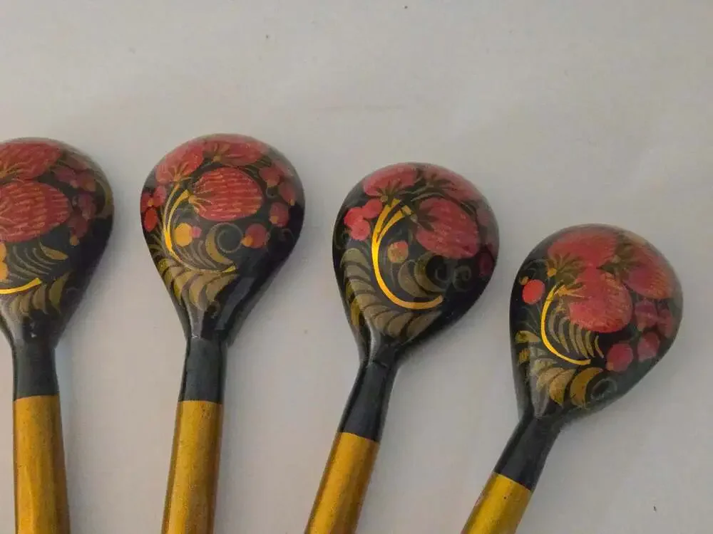 Vintage Russian Khokhloma Hand Painted 6 Wooden Spoons Black Gold Strawberry